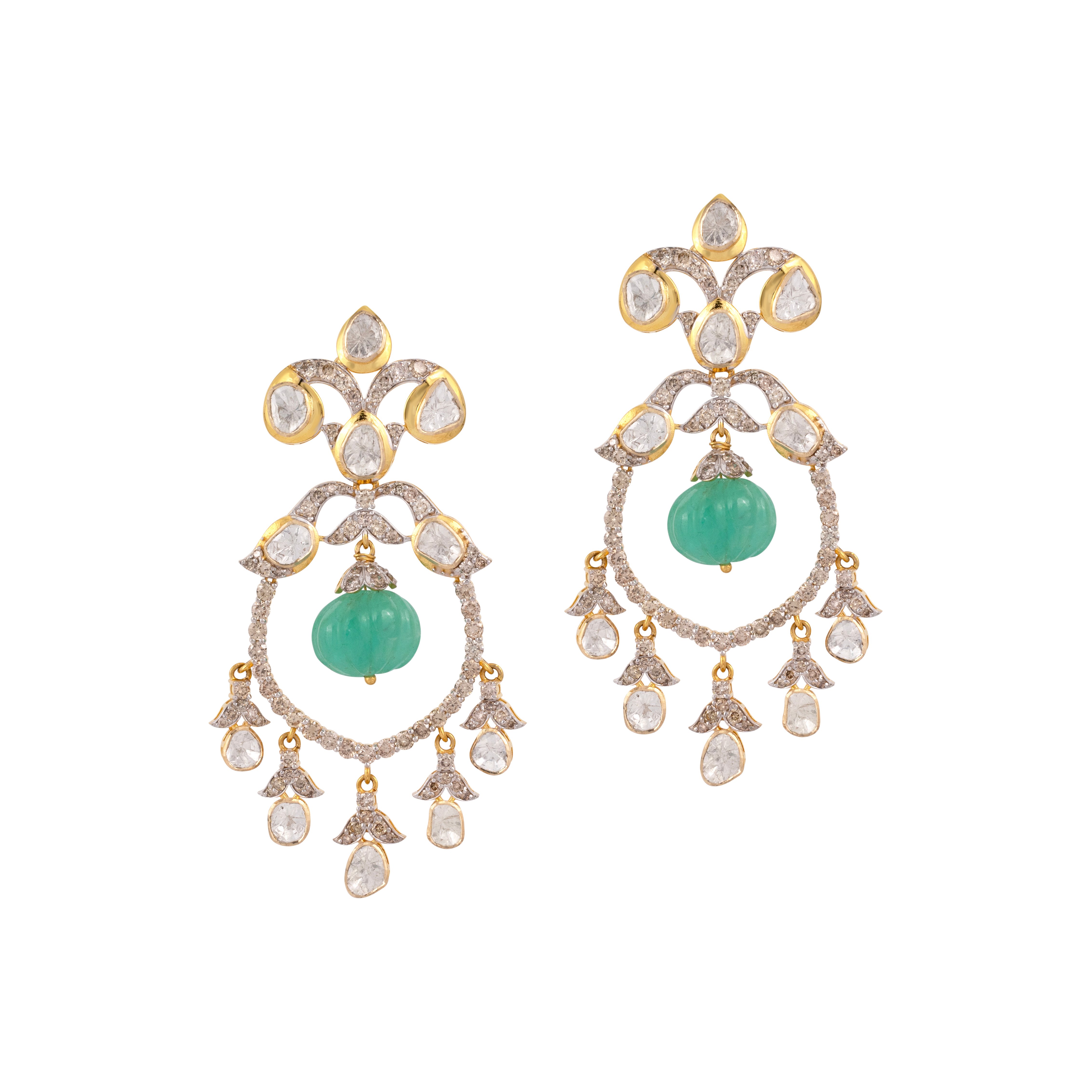 Polki Earring with Carved Emerald Melon Drop